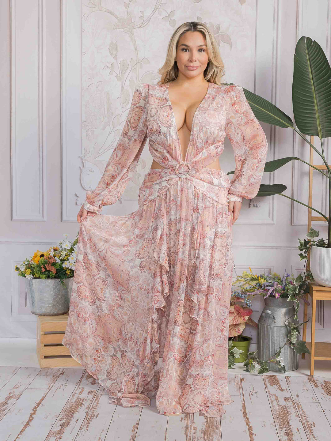 PLUS SIZE LONG SLEEVE V-NECK OPEN BACK MULTI PRINT MAXI DRESS