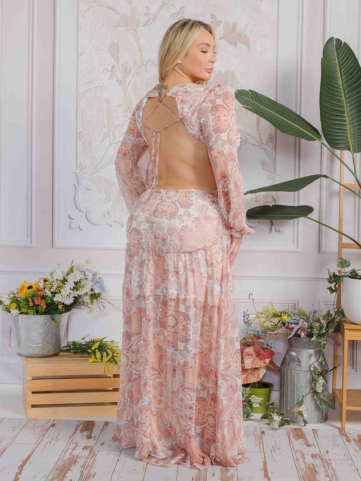 PLUS SIZE LONG SLEEVE V-NECK OPEN BACK MULTI PRINT MAXI DRESS