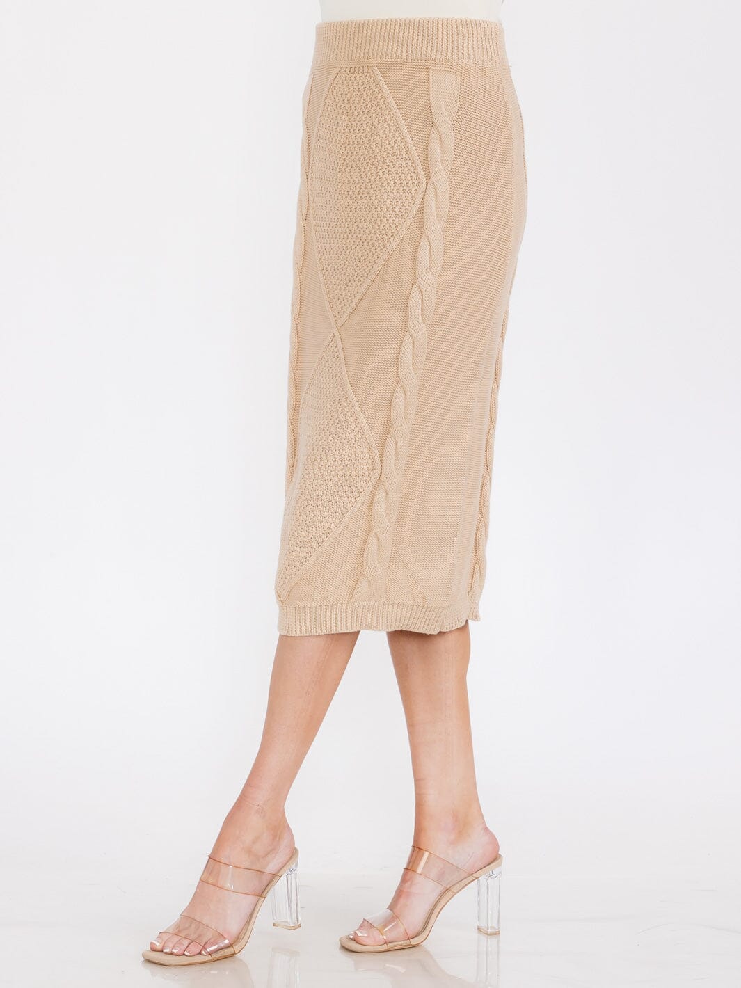 WOMEN'S ELASTIC WAIST KNIT DETAILED PENCIL MIDI SKIRT