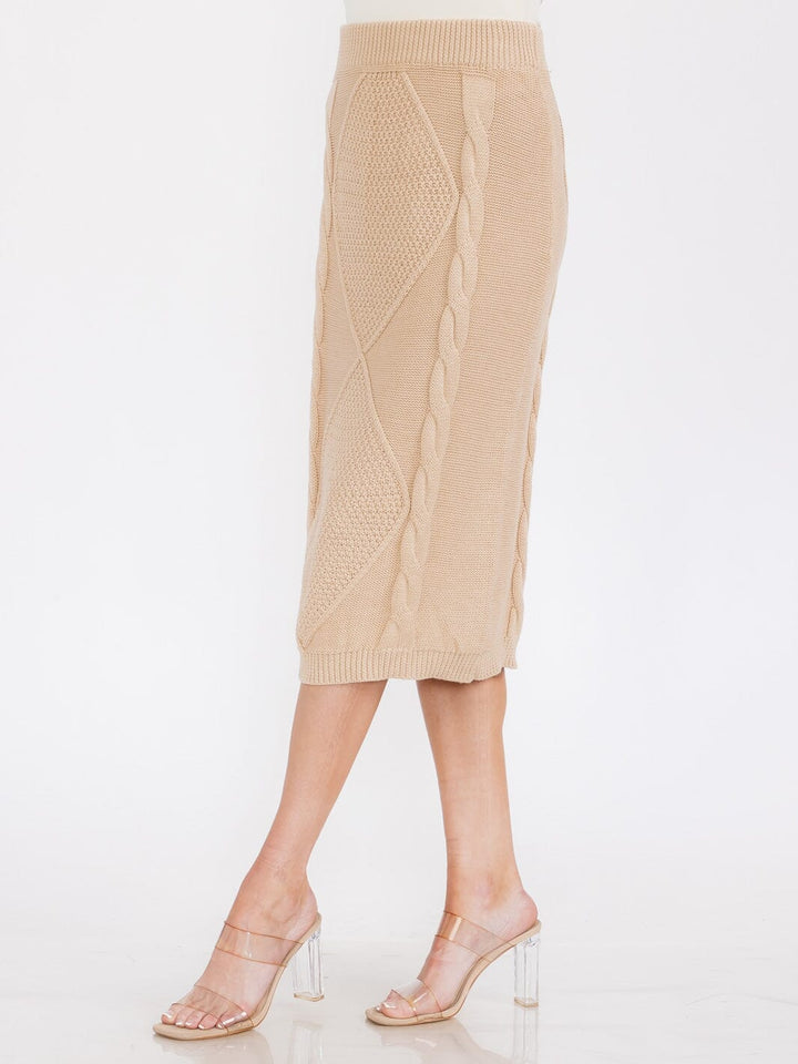WOMEN'S ELASTIC WAIST KNIT DETAILED PENCIL MIDI SKIRT
