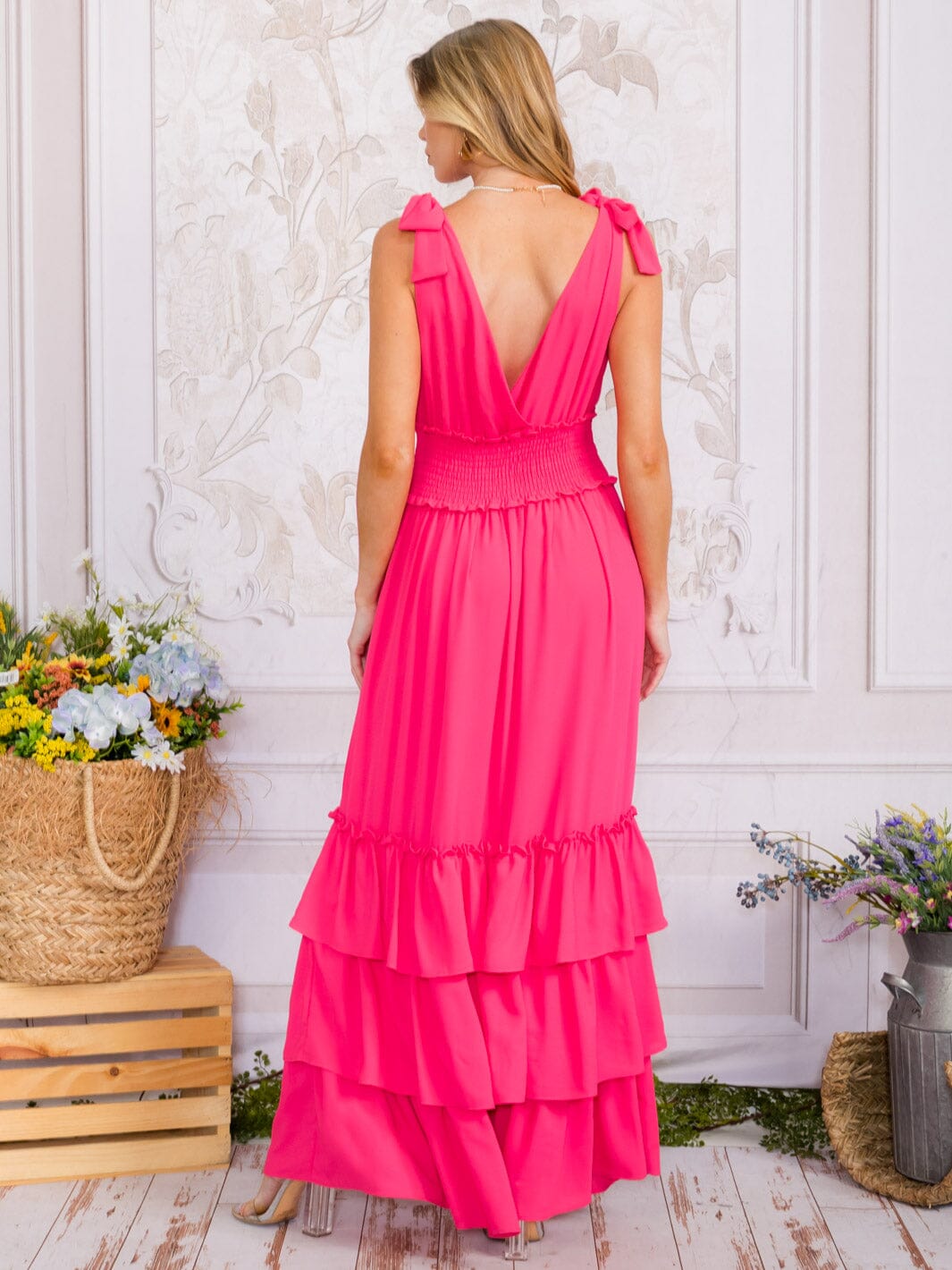WOMEN'S SLEEVELESS SURPLICE SMOCK WAIST TIERED RUFFLE MAXI DRESS