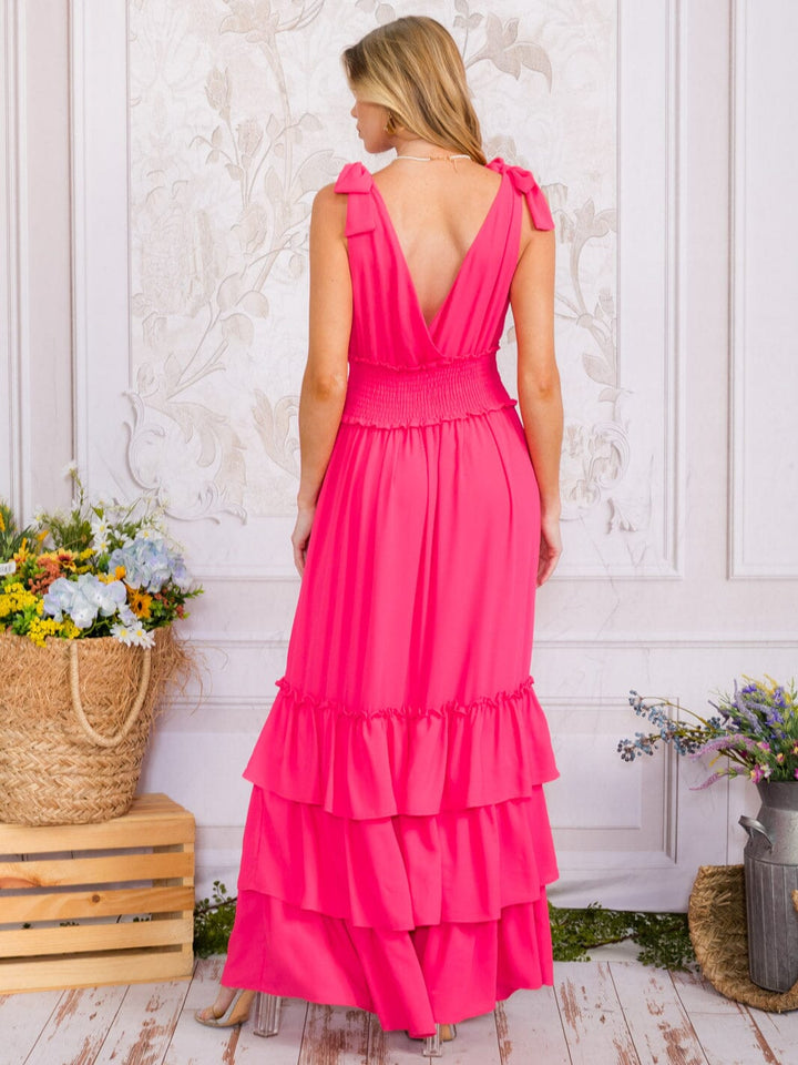 WOMEN'S SLEEVELESS SURPLICE SMOCK WAIST TIERED RUFFLE MAXI DRESS