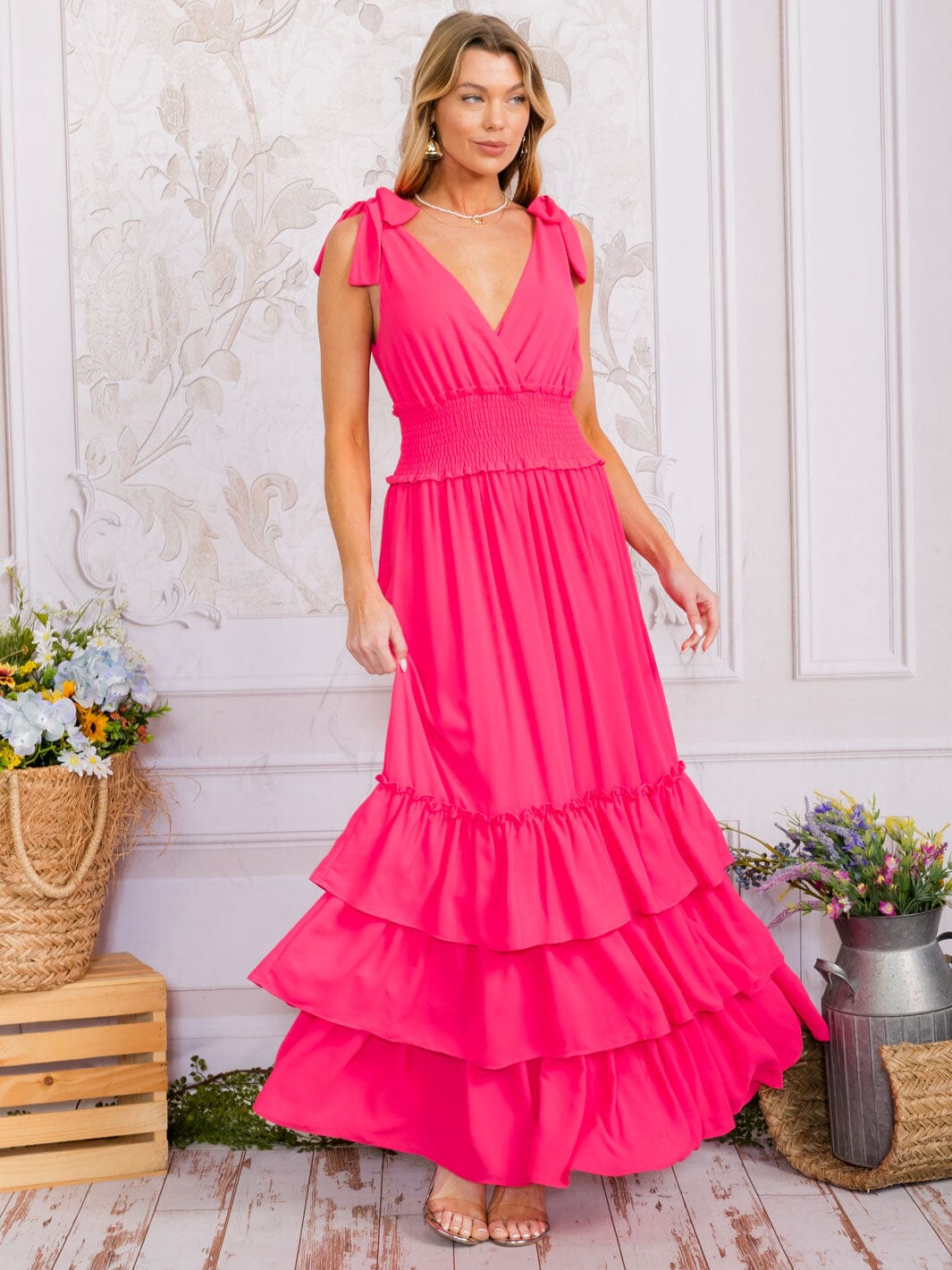 WOMEN'S SLEEVELESS SURPLICE SMOCK WAIST TIERED RUFFLE MAXI DRESS