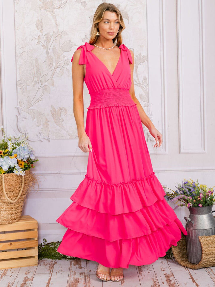 WOMEN'S SLEEVELESS SURPLICE SMOCK WAIST TIERED RUFFLE MAXI DRESS