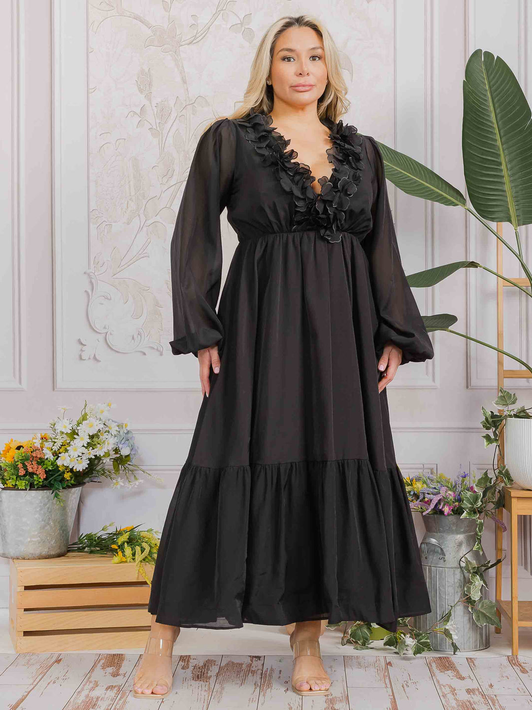 PLUS SIZE LONG SLEEVE V-NECK RUFFLE OPEN BACK TIE MAXI DRESS