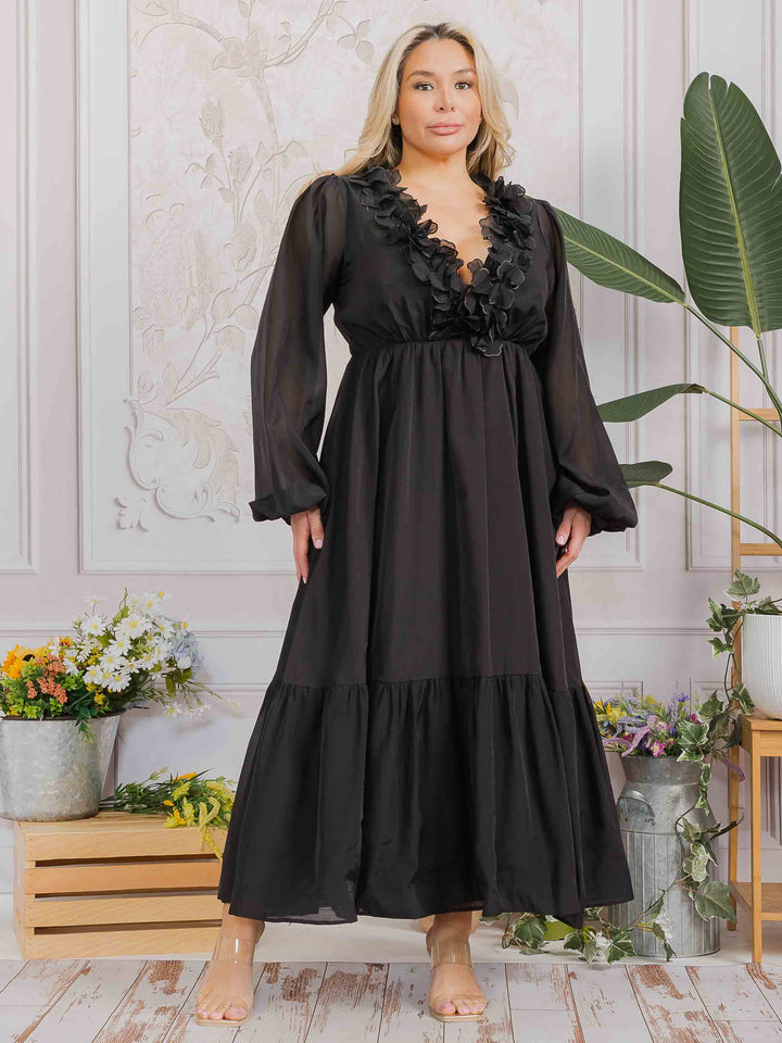 PLUS SIZE LONG SLEEVE V-NECK RUFFLE OPEN BACK TIE MAXI DRESS