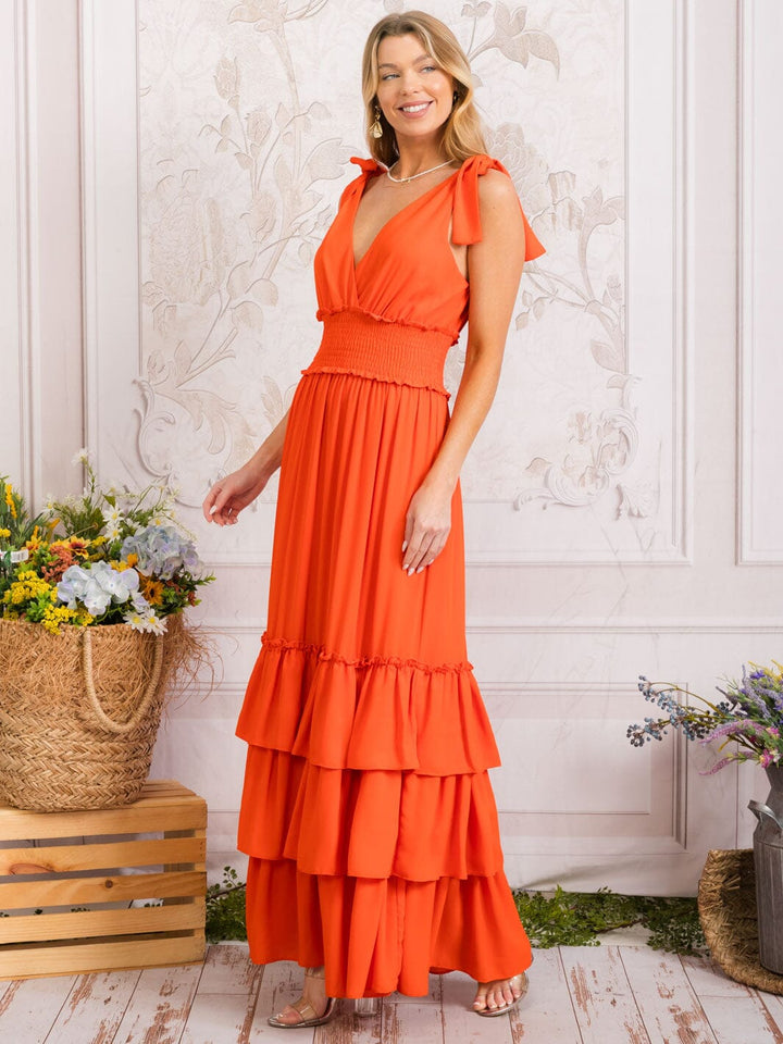 WOMEN'S SLEEVELESS SURPLICE SMOCK WAIST TIERED RUFFLE MAXI DRESS