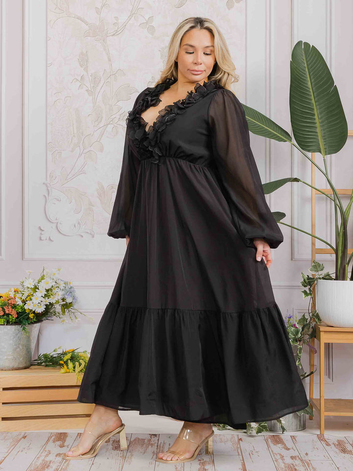 PLUS SIZE LONG SLEEVE V-NECK RUFFLE OPEN BACK TIE MAXI DRESS