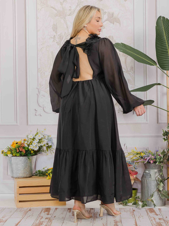 PLUS SIZE LONG SLEEVE V-NECK RUFFLE OPEN BACK TIE MAXI DRESS