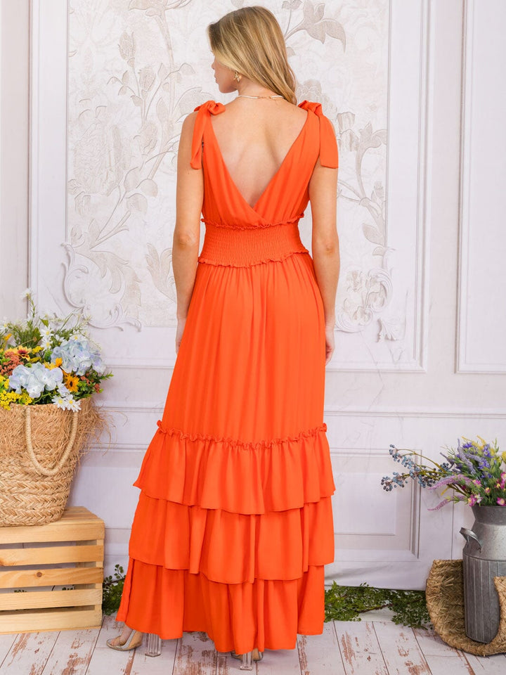 WOMEN'S SLEEVELESS SURPLICE SMOCK WAIST TIERED RUFFLE MAXI DRESS