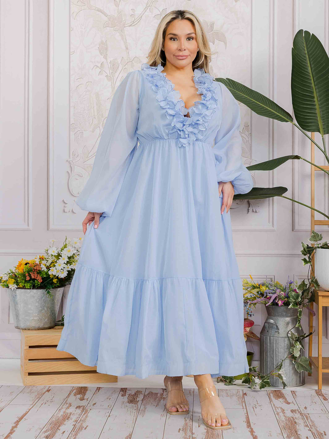 PLUS SIZE LONG SLEEVE V-NECK RUFFLE OPEN BACK TIE MAXI DRESS