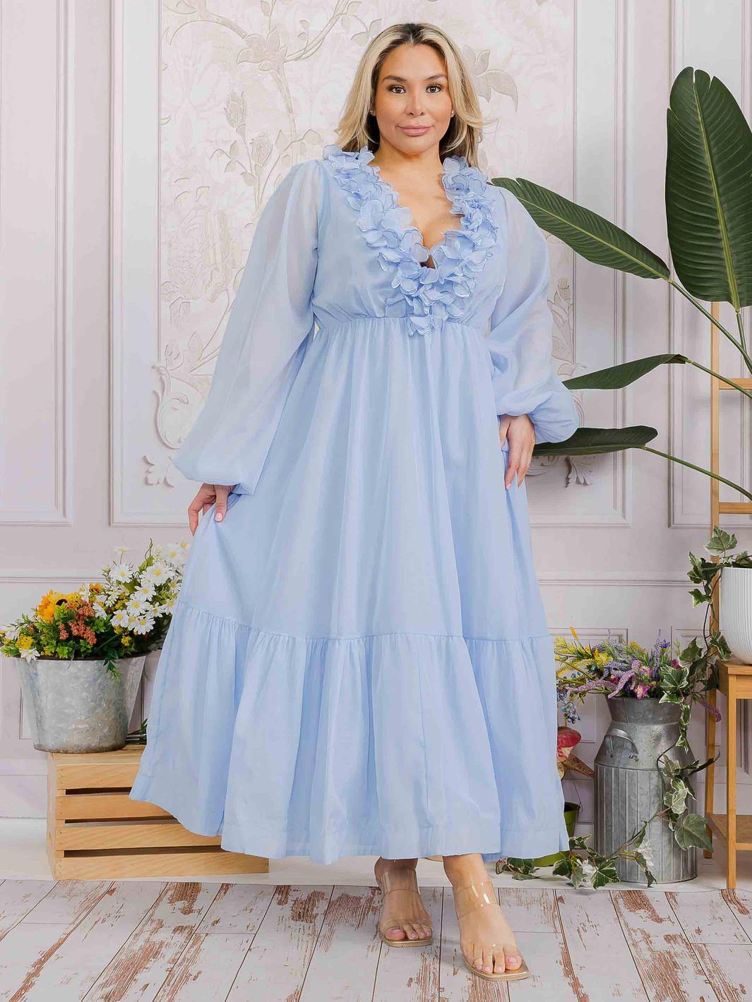 PLUS SIZE LONG SLEEVE V-NECK RUFFLE OPEN BACK TIE MAXI DRESS