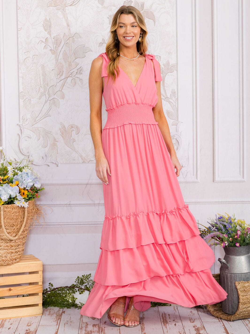 WOMEN'S SLEEVELESS SURPLICE SMOCK WAIST TIERED RUFFLE MAXI DRESS
