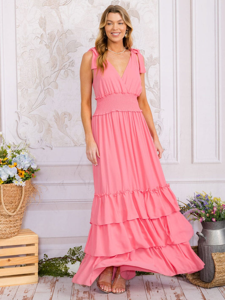WOMEN'S SLEEVELESS SURPLICE SMOCK WAIST TIERED RUFFLE MAXI DRESS