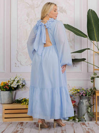 PLUS SIZE LONG SLEEVE V-NECK RUFFLE OPEN BACK TIE MAXI DRESS