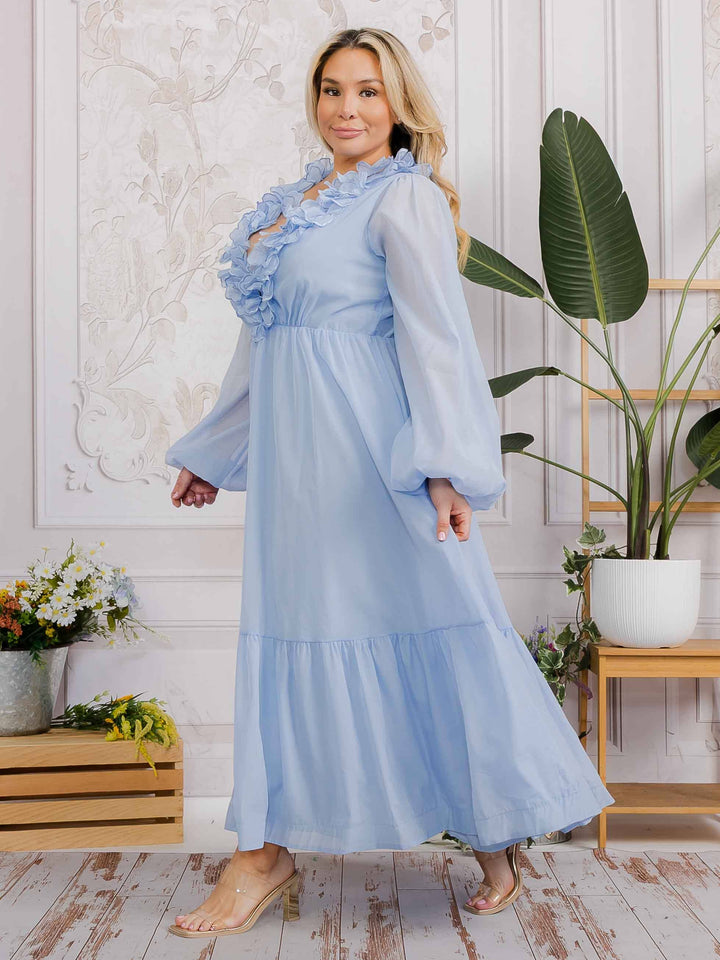 PLUS SIZE LONG SLEEVE V-NECK RUFFLE OPEN BACK TIE MAXI DRESS