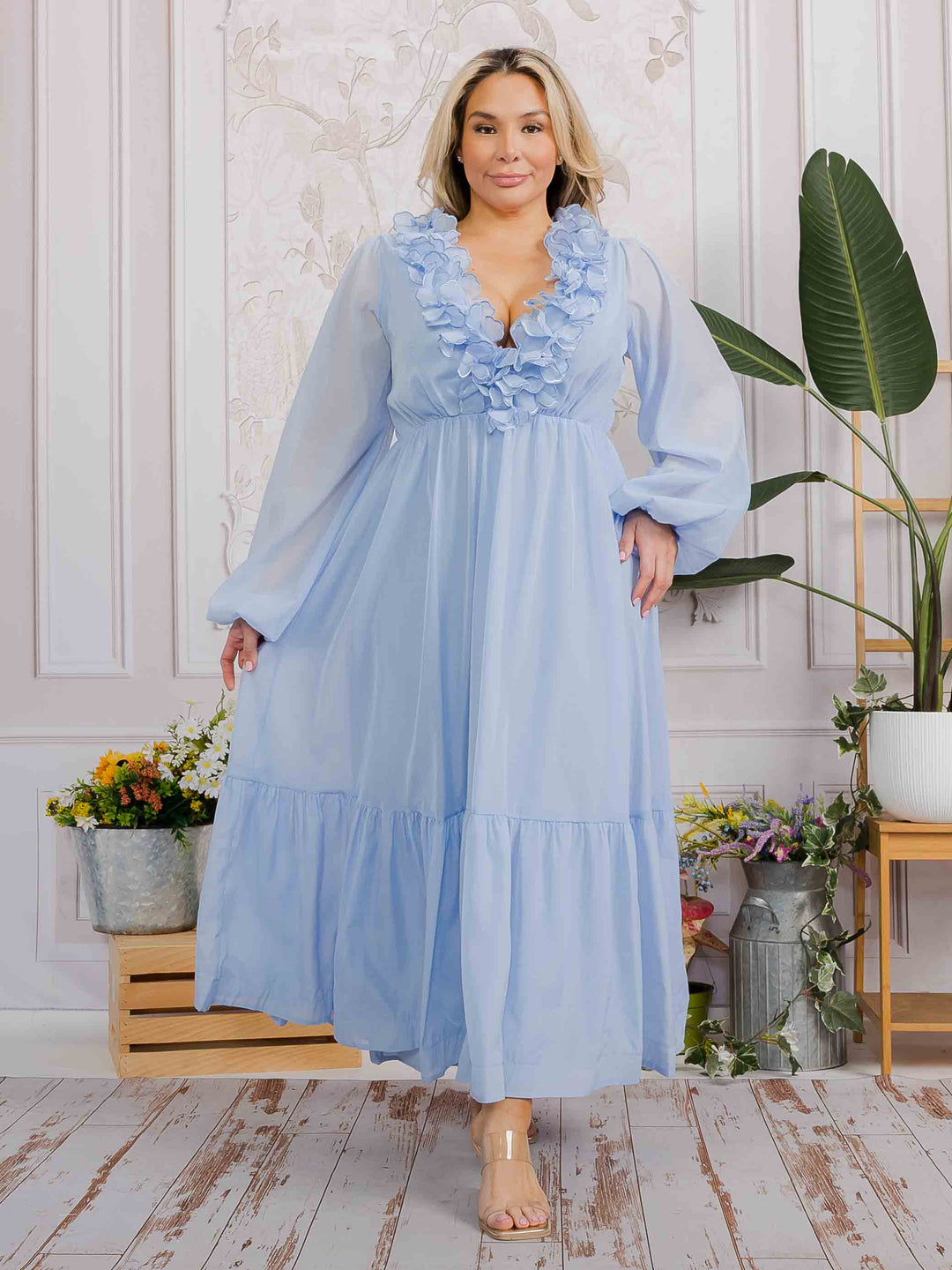 PLUS SIZE LONG SLEEVE V-NECK RUFFLE OPEN BACK TIE MAXI DRESS