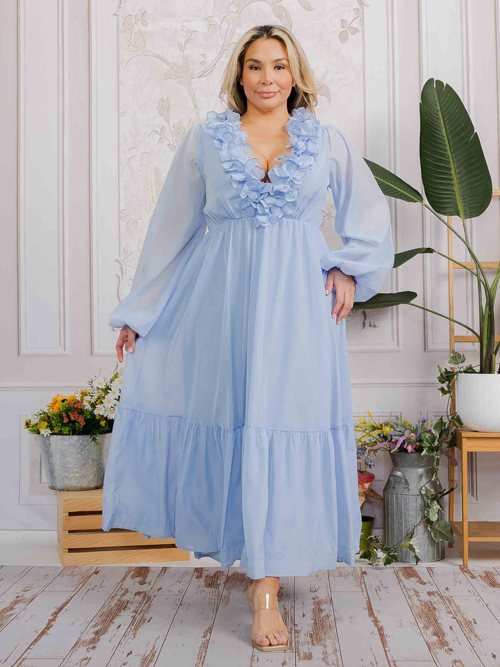 PLUS SIZE LONG SLEEVE V-NECK RUFFLE OPEN BACK TIE MAXI DRESS