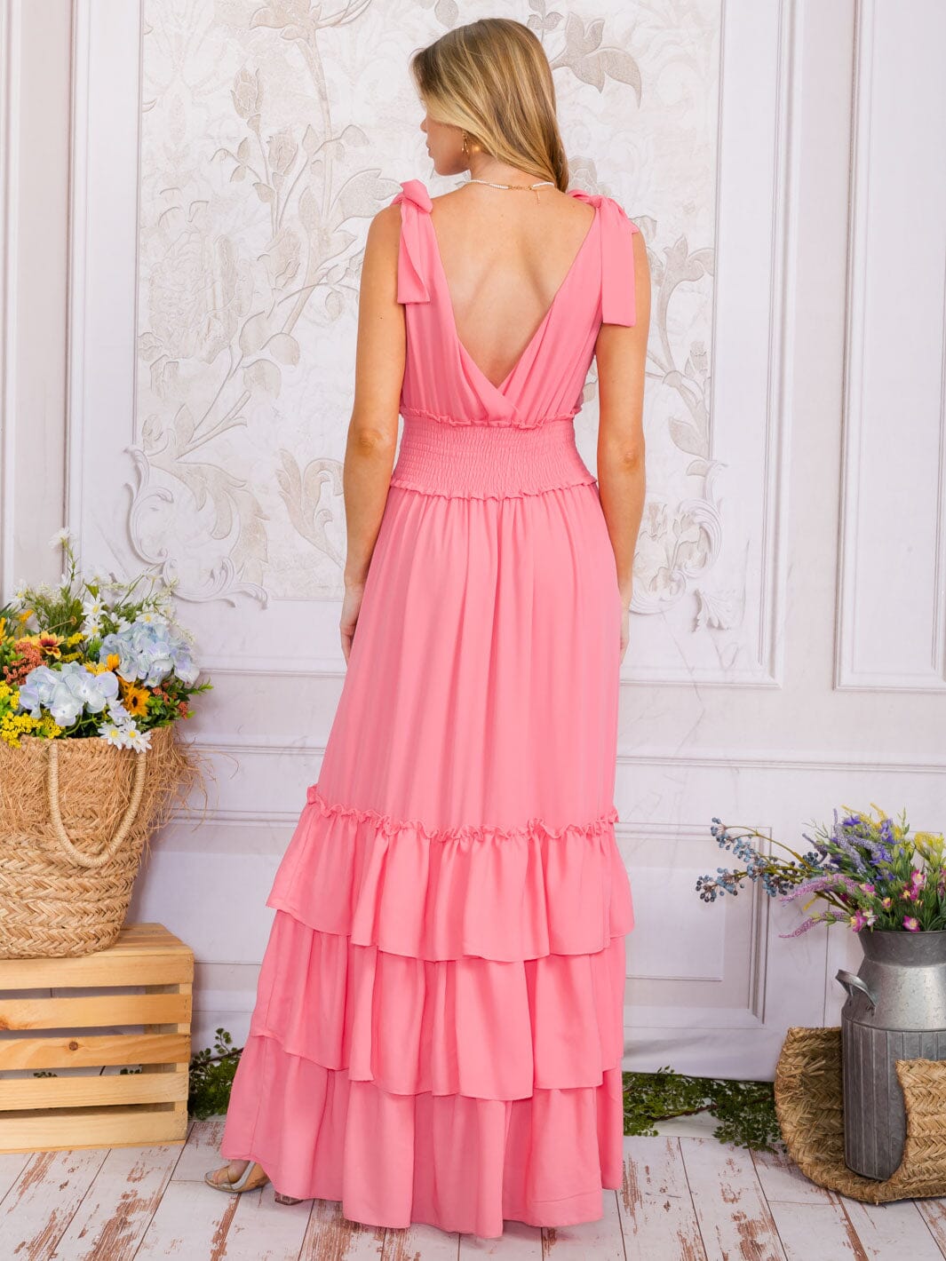 WOMEN'S SLEEVELESS SURPLICE SMOCK WAIST TIERED RUFFLE MAXI DRESS