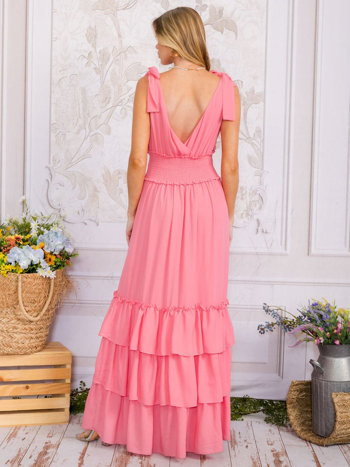 WOMEN'S SLEEVELESS SURPLICE SMOCK WAIST TIERED RUFFLE MAXI DRESS