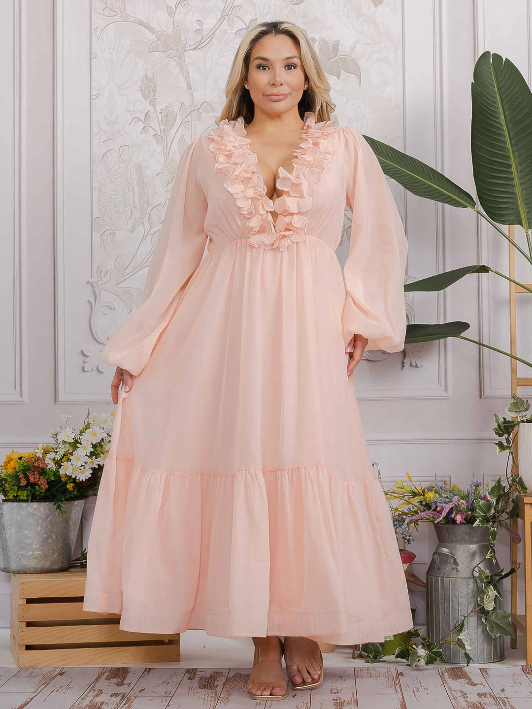 PLUS SIZE LONG SLEEVE V-NECK RUFFLE OPEN BACK TIE MAXI DRESS