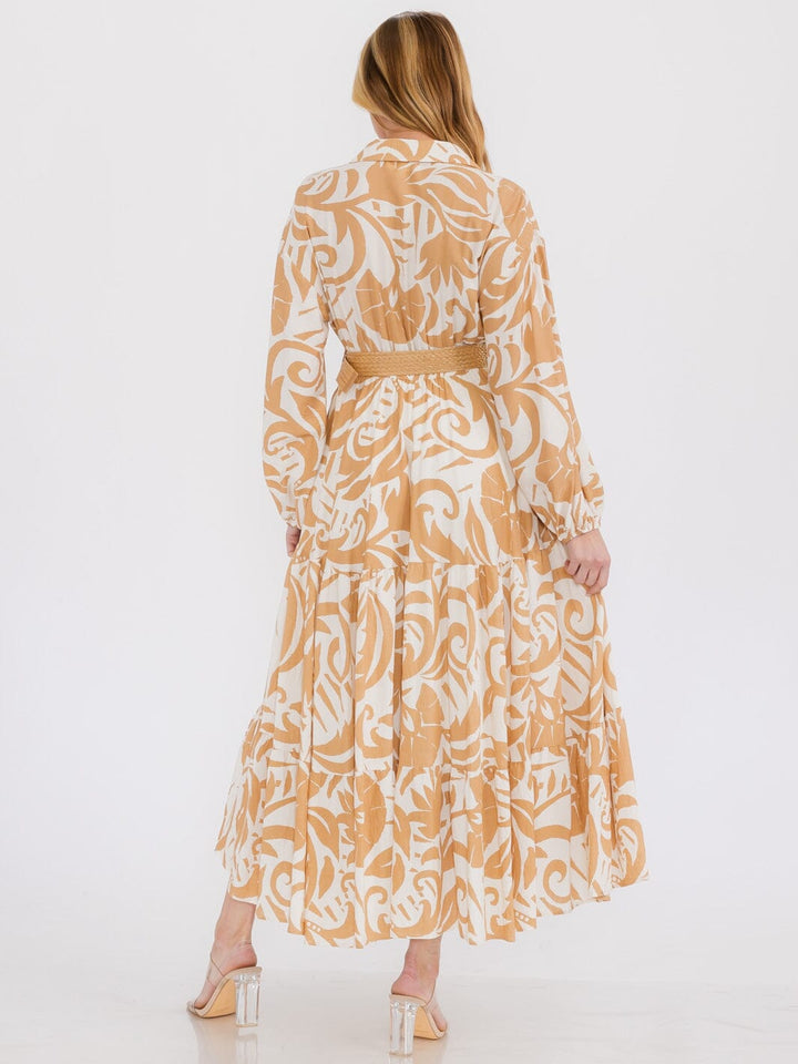 WOMEN'S LONG SLEEVE SURPLICE BELTED PRINT MAXI DRESS