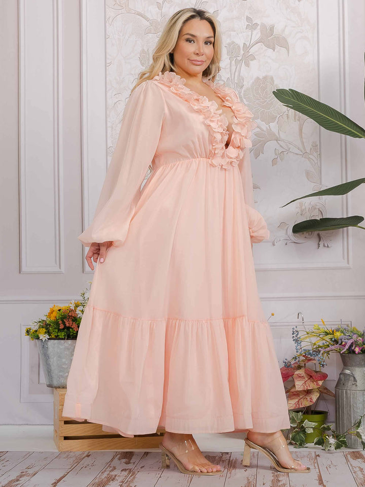 PLUS SIZE LONG SLEEVE V-NECK RUFFLE OPEN BACK TIE MAXI DRESS