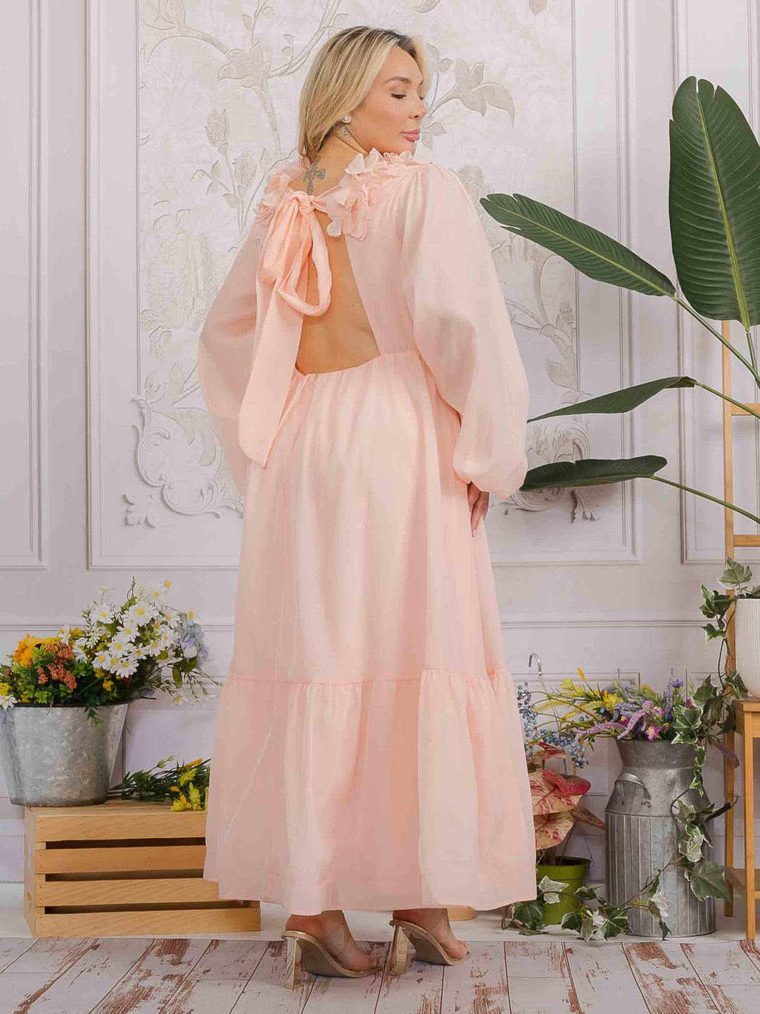 PLUS SIZE LONG SLEEVE V-NECK RUFFLE OPEN BACK TIE MAXI DRESS