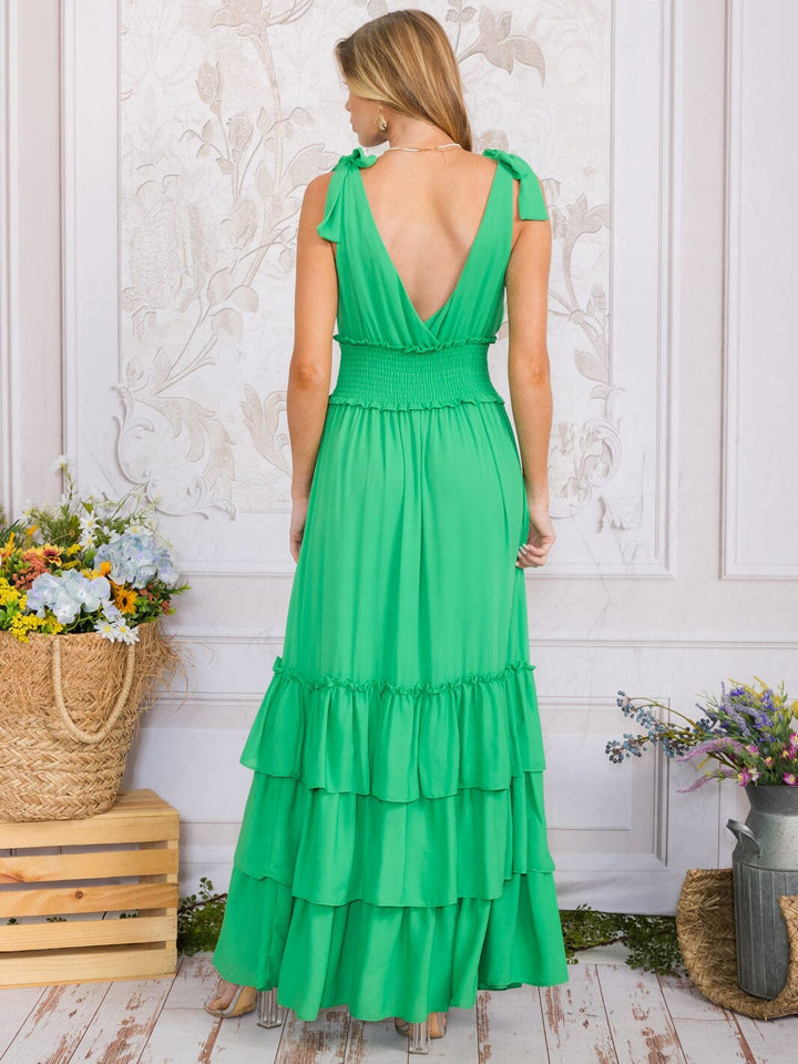 WOMEN'S SLEEVELESS SURPLICE SMOCK WAIST TIERED RUFFLE MAXI DRESS