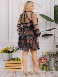 PLUS SIZE LONG SLEEVE TIERED RUFFLE FLORAL MINI DRESS