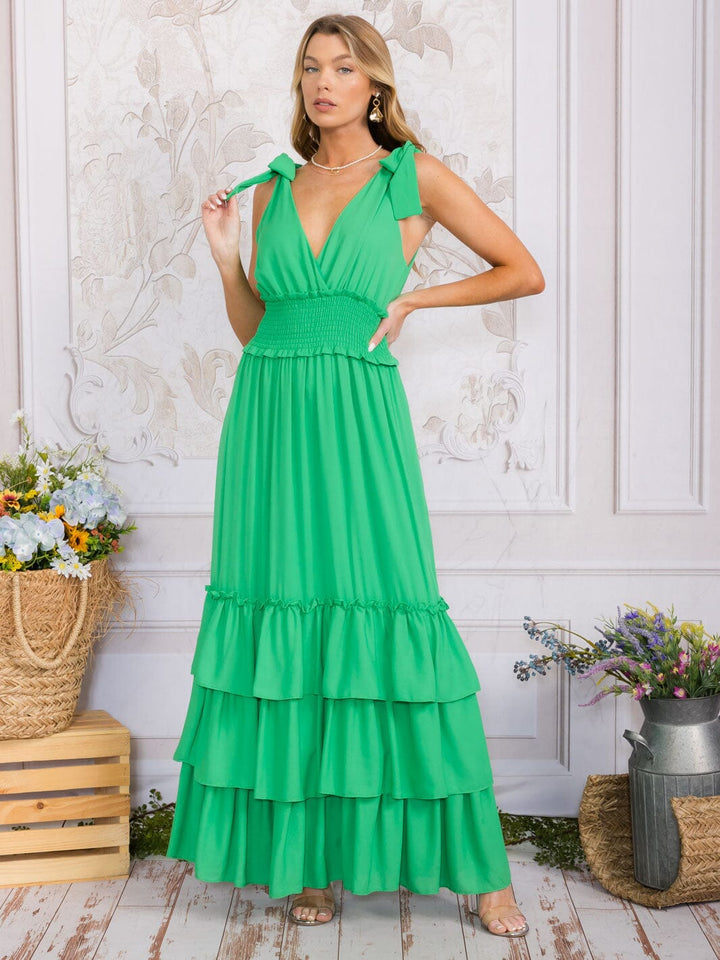 WOMEN'S SLEEVELESS SURPLICE SMOCK WAIST TIERED RUFFLE MAXI DRESS