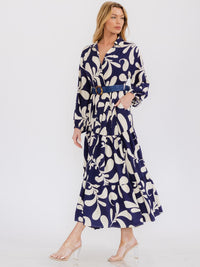 WOMEN'S LONG SLEEVE SURPLICE FRONT POCKETS BELTED MAXI DRESS