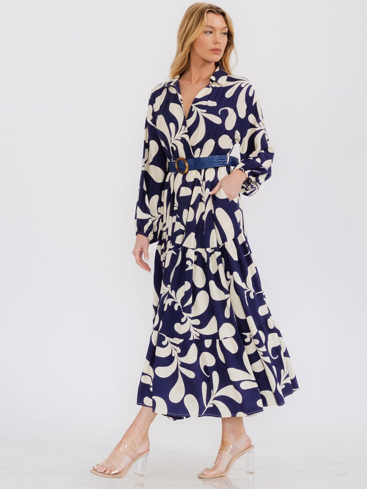 WOMEN'S LONG SLEEVE SURPLICE FRONT POCKETS BELTED MAXI DRESS
