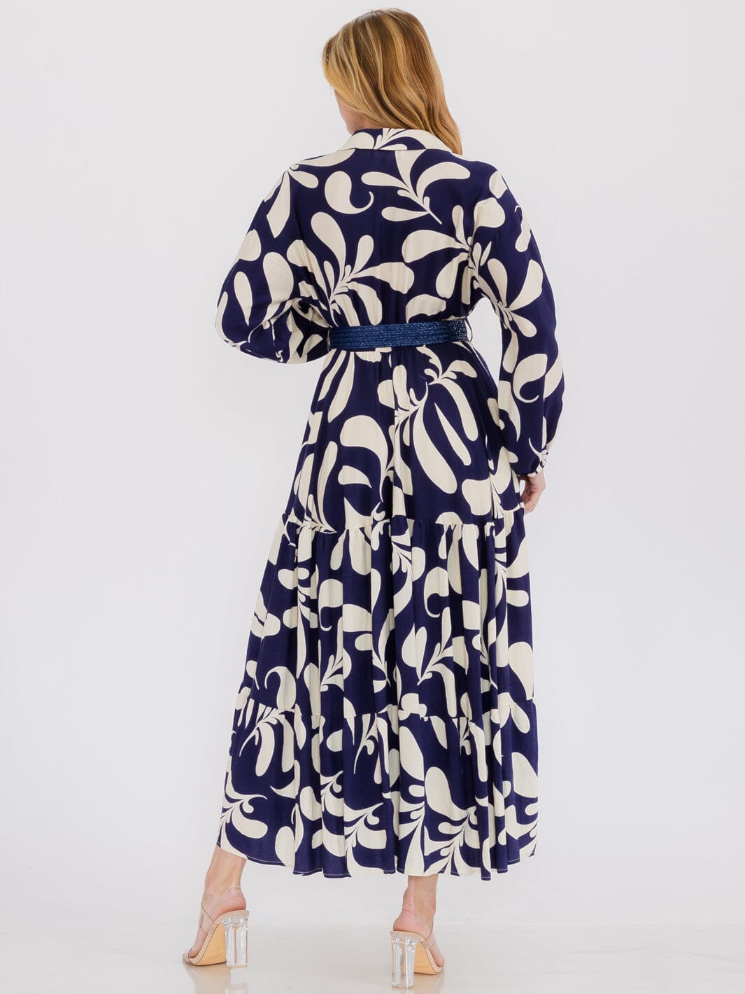 WOMEN'S LONG SLEEVE SURPLICE FRONT POCKETS BELTED MAXI DRESS