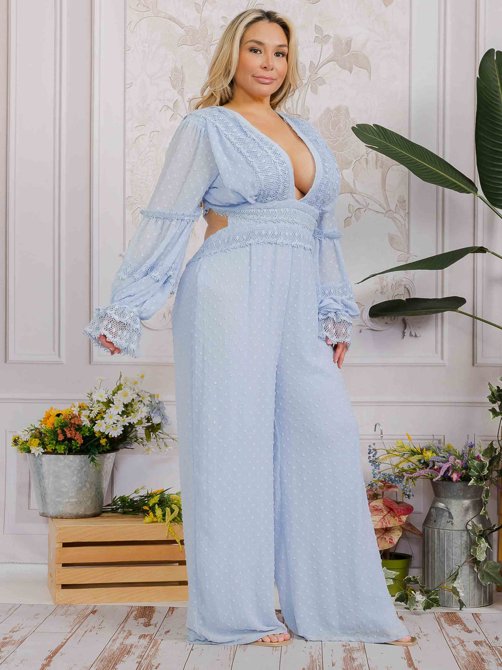 PLUS SIZE LONG SLEEVE V-NECK OPEN BACK SWISS DOT WIDE LEG JUMPSUIT