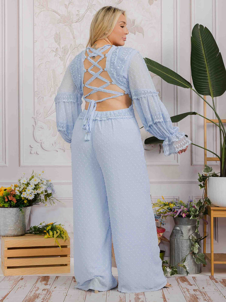 PLUS SIZE LONG SLEEVE V-NECK OPEN BACK SWISS DOT WIDE LEG JUMPSUIT