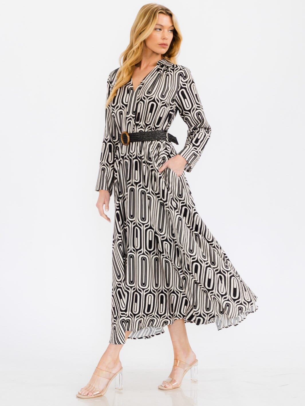 WOMEN'S LONG SLEEVE V-NECK BELTED PRINT MAXI DRESS