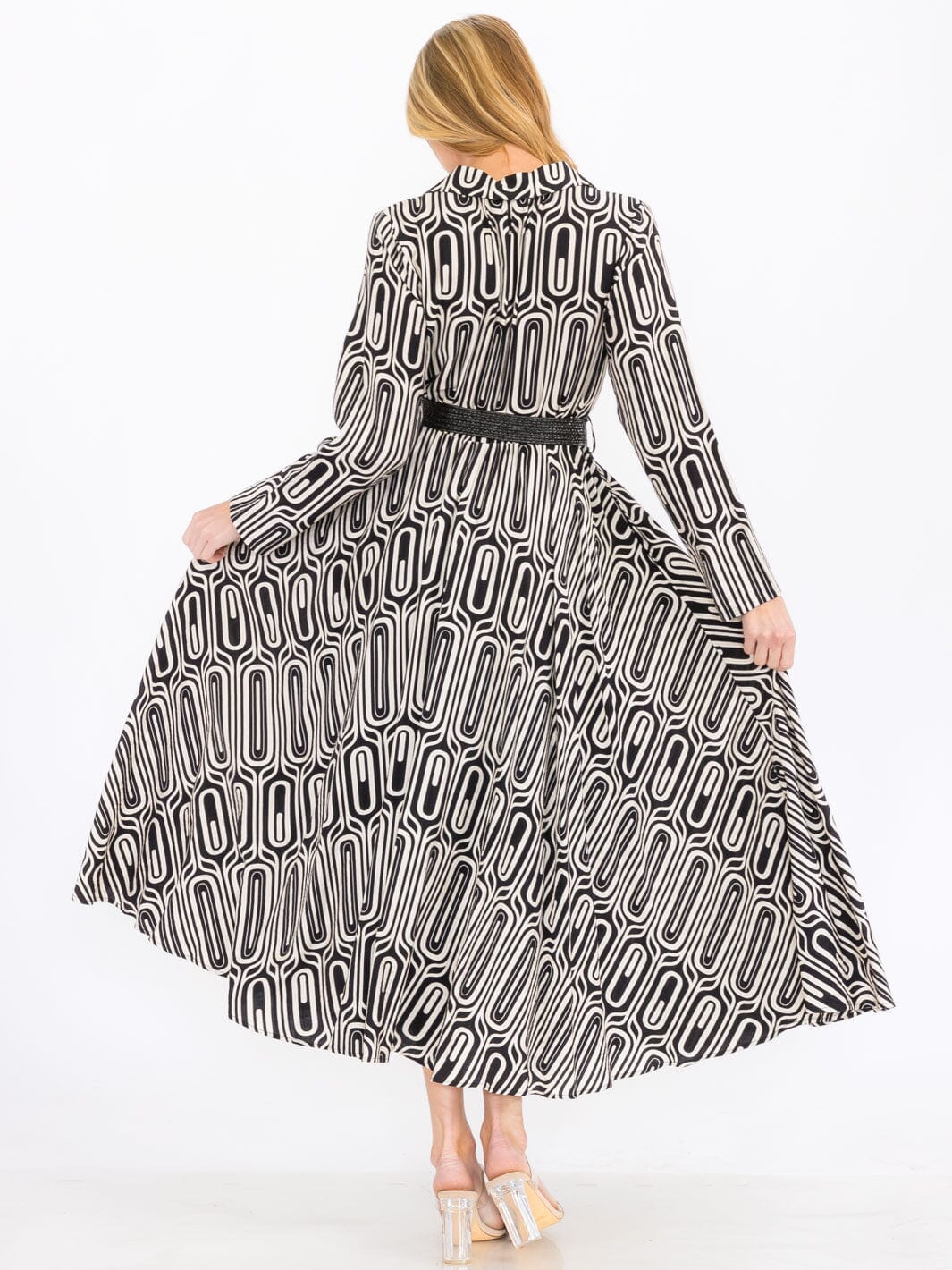 WOMEN'S LONG SLEEVE V-NECK BELTED PRINT MAXI DRESS