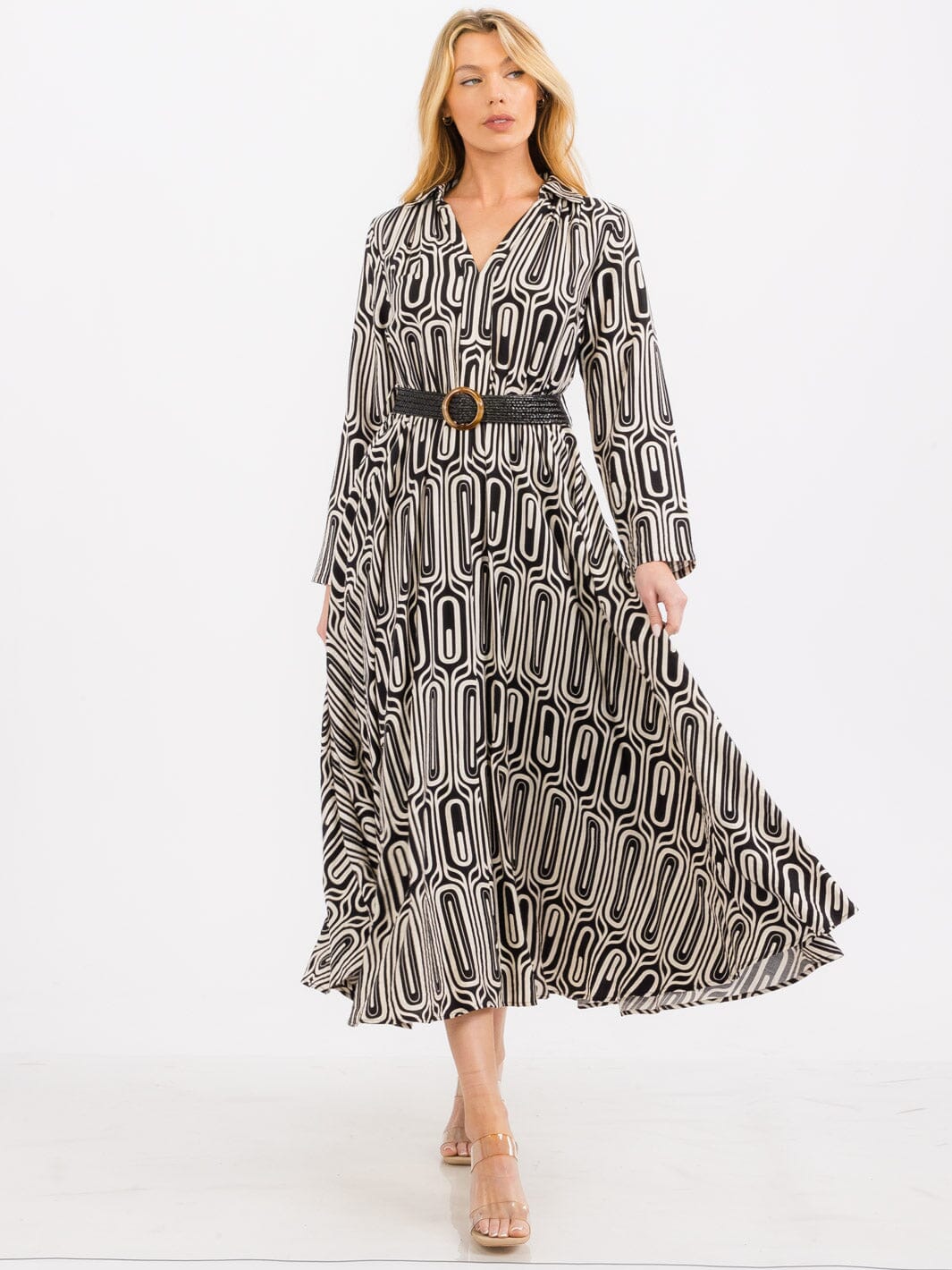 WOMEN'S LONG SLEEVE V-NECK BELTED PRINT MAXI DRESS