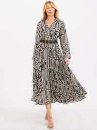 WOMEN'S LONG SLEEVE V-NECK BELTED PRINT MAXI DRESS