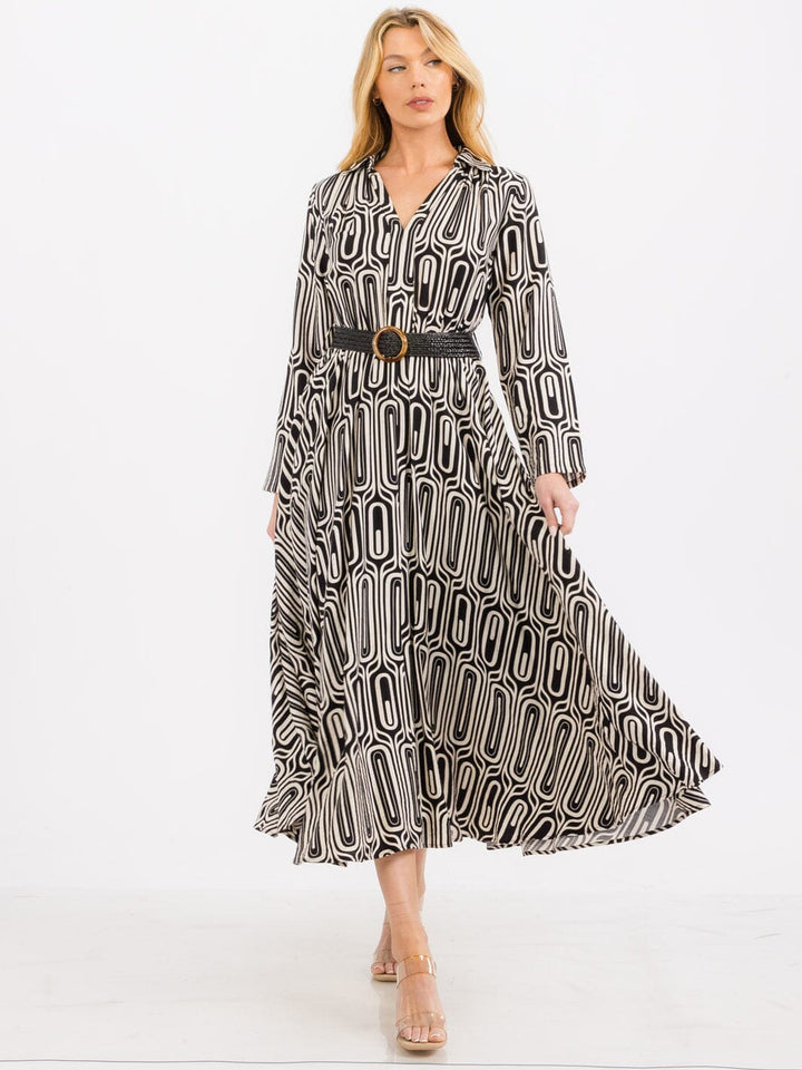 WOMEN'S LONG SLEEVE V-NECK BELTED PRINT MAXI DRESS