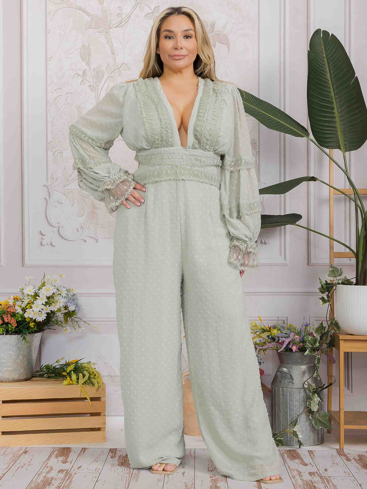 PLUS SIZE LONG SLEEVE V-NECK OPEN BACK SWISS DOT WIDE LEG JUMPSUIT