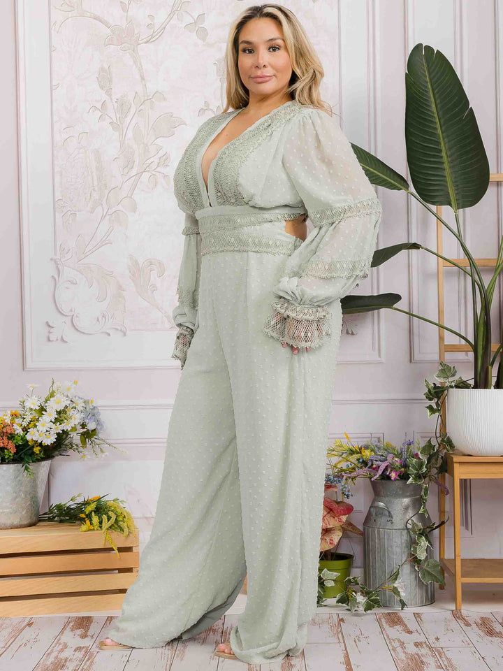 PLUS SIZE LONG SLEEVE V-NECK OPEN BACK SWISS DOT WIDE LEG JUMPSUIT