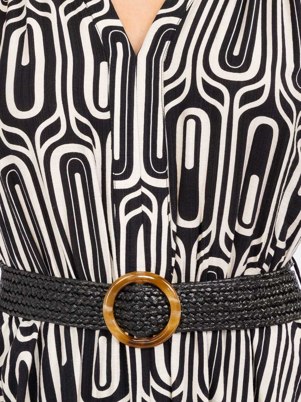 WOMEN'S LONG SLEEVE V-NECK BELTED PRINT MAXI DRESS