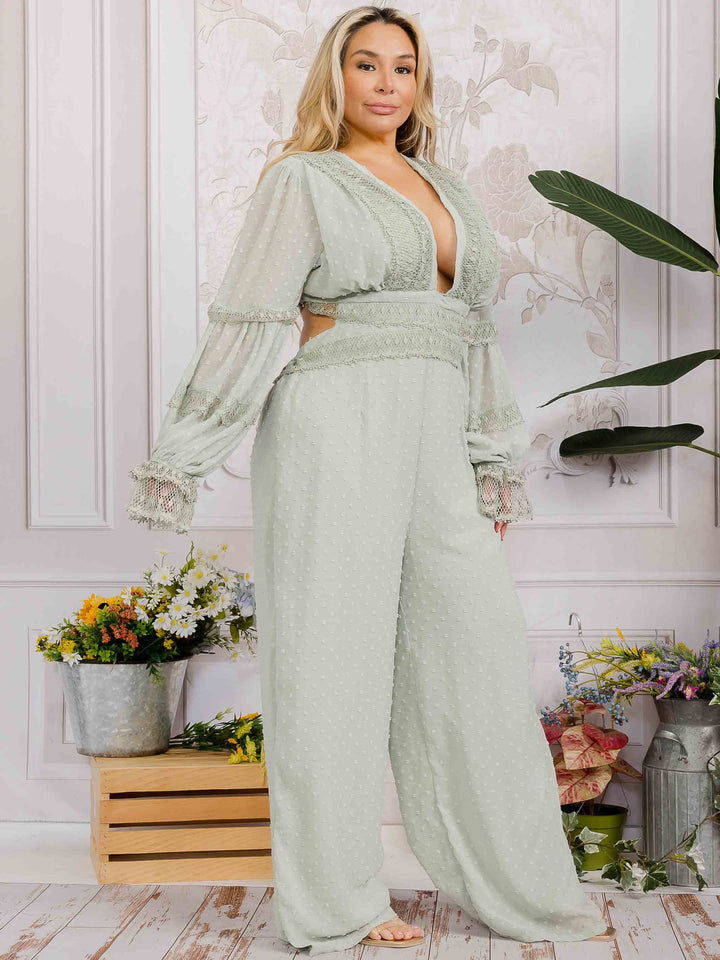 PLUS SIZE LONG SLEEVE V-NECK OPEN BACK SWISS DOT WIDE LEG JUMPSUIT