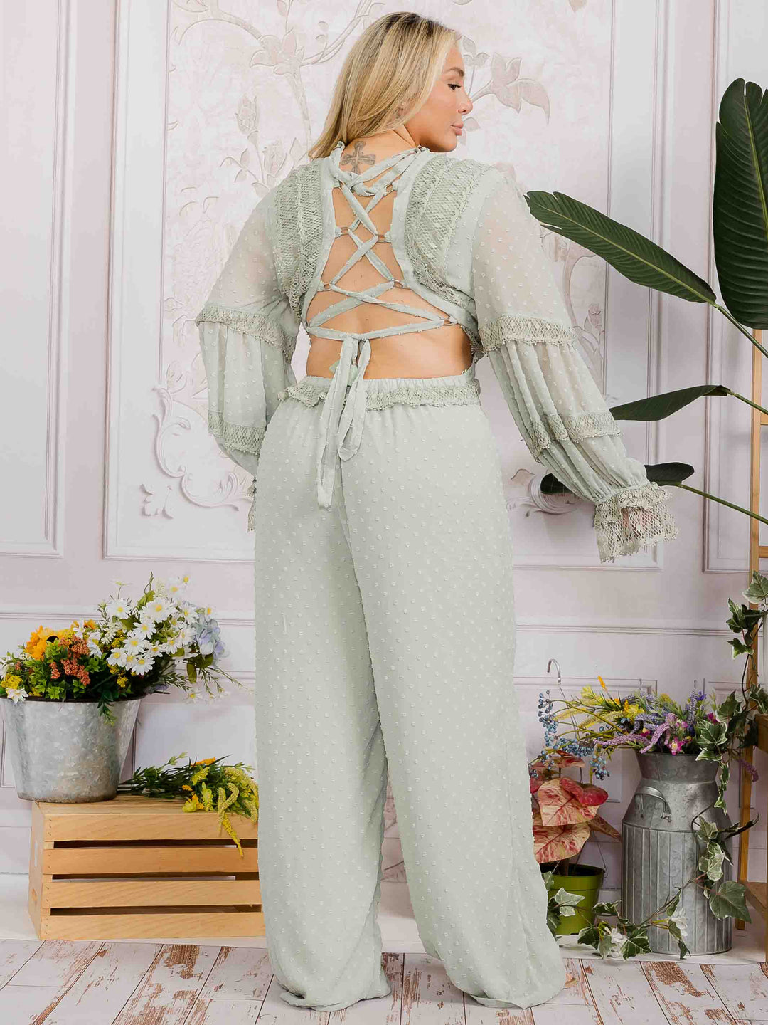 PLUS SIZE LONG SLEEVE V-NECK OPEN BACK SWISS DOT WIDE LEG JUMPSUIT