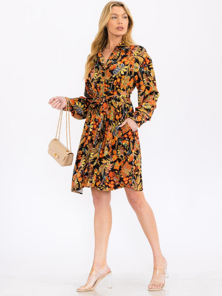 WOMEN'S LONG SLEEVE BUTTON UP POCKETS FLORAL MINI DRESS