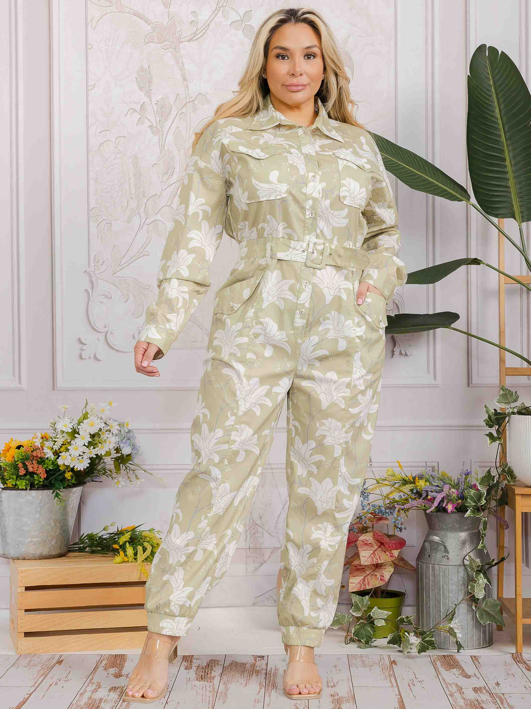 PLUS SIZE LONG SLEEVE BUTTON UP SMOCK WAIST BELTED FLORAL PRINT JUMPSUIT
