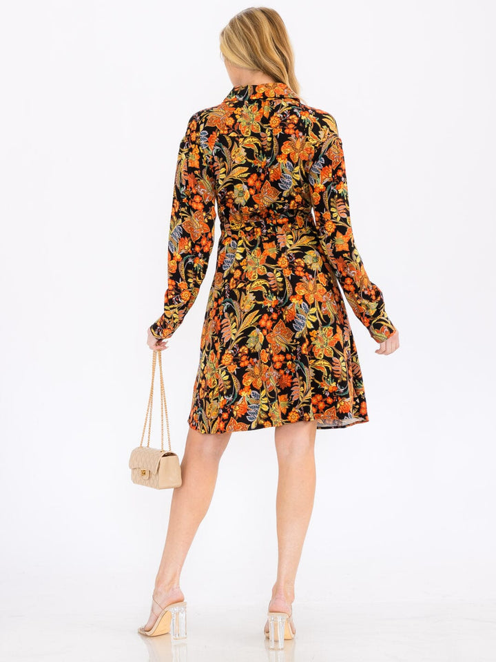 WOMEN'S LONG SLEEVE BUTTON UP POCKETS FLORAL MINI DRESS