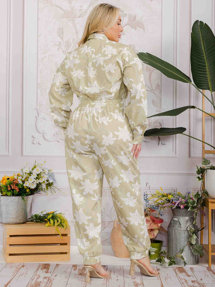 PLUS SIZE LONG SLEEVE BUTTON UP SMOCK WAIST BELTED FLORAL PRINT JUMPSUIT